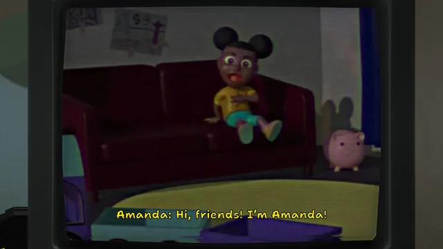 A tape on the TV: Amanda sits on a red sofa beside a pink piggy bank and says Hi, friends! I'm Amanda!