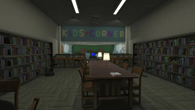 The dim Kensdale library with long reading tables and shelves leading to a Kids Corner sign