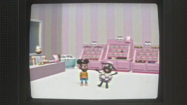 A tape on the TV: Amanda and Wooly in a pink cartoon sweet shop whose counters have eyes