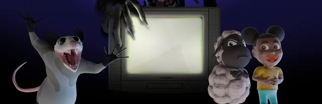 Amanda the Adventurer 3 key art: a screaming opossum with raised claws, Wooly the Sheep and a smiling Amanda around a glowing old TV, with a clawed hand reaching over it