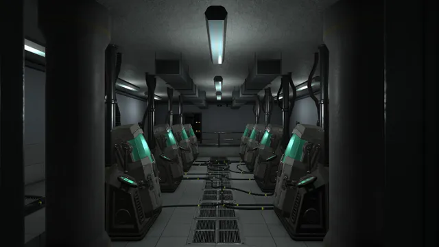 A long facility corridor between rows of old machines with green-lit screens