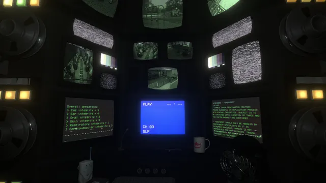 A dark control room lined with static-filled monitors and tape reels around a TV showing PLAY