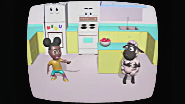 A tape playing on the TV: Amanda and Wooly in a bright cartoon kitchen with smiling fridge and oven