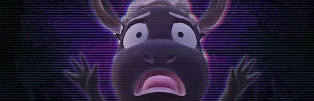 Amanda the Adventurer key art: Wooly the Sheep, wide-eyed and frightened, his hands raised, behind VHS static