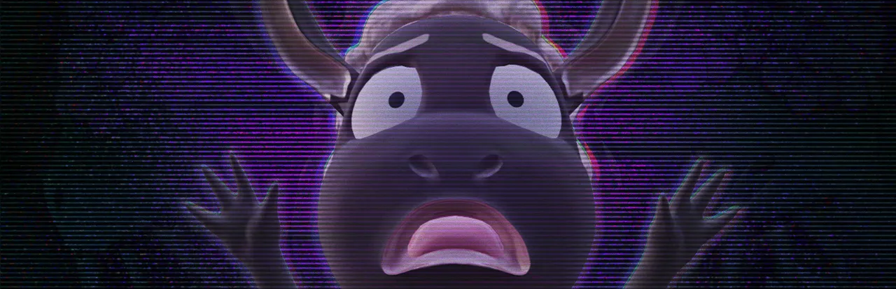 Amanda the Adventurer key art: Wooly the Sheep, wide-eyed and frightened, his hands raised, behind VHS static