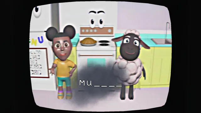 Amanda and Wooly in the cartoon kitchen with a word to complete, MU and four blanks, along the bottom of the screen