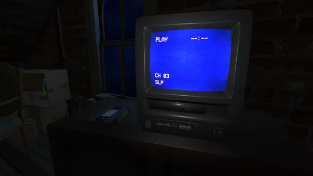 An old TV with a built-in VCR in the dark attic, the screen blue with PLAY and CH 03