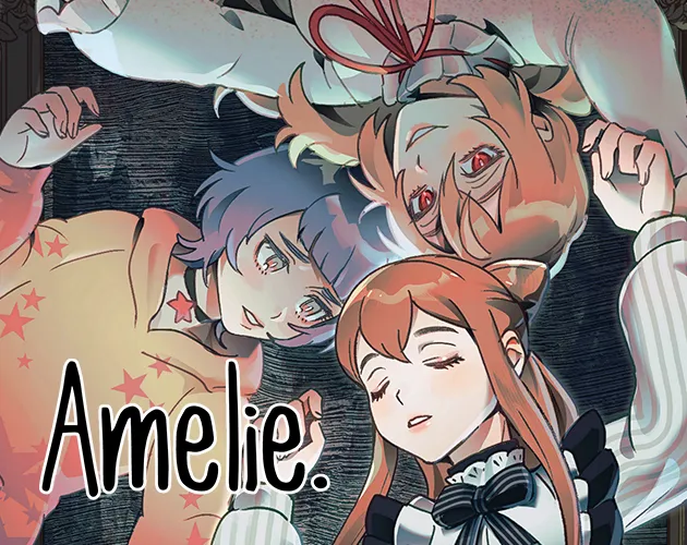 Amelie title art: three girls lying with their heads together, one with red eyes, under the word Amelie