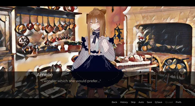 Amelie screenshot: Amelie in the manor kitchen among copper pans, wondering what her guest would prefer
