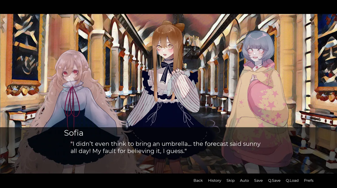 Amelie screenshot: Sofia, Amelie and a pale girl in a hooded coat stand in a long arched hall of the manor as Sofia says she forgot her umbrella