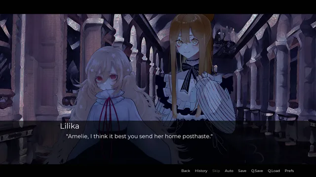 Amelie screenshot: two girls in a dark hall of pillars as Lilika tells Amelie to send her guest home