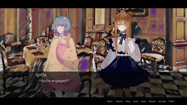Amelie screenshot: two girls in a painted dining room with stains on the wall as Sofia asks if she is engaged