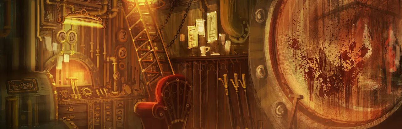 Amnesia: A Machine for Pigs key art: a painted Victorian engine room of brass pipes, gauges and a ladder beside a red armchair, with a round hatch smeared with blood