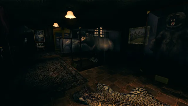 Amnesia: A Machine for Pigs screenshot: a dim trophy room with a stuffed bear rearing up, a mounted rhino and a leopard-skin rug