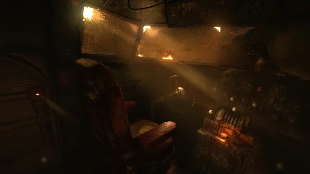 Amnesia: Rebirth screenshot: the wrecked cockpit of a crashed plane
