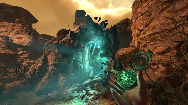 Amnesia: Rebirth screenshot: a glowing amulet in Tasi's hand opens a shimmering portal in desert rocks