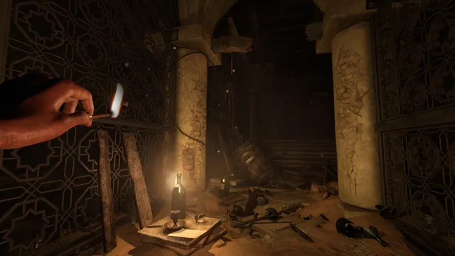 Amnesia: Rebirth screenshot: Tasi strikes a match to light a candle among sandy ruins with carved stone screens