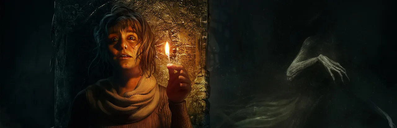 Amnesia: Rebirth key art: Tasi holds up a lit match, a pale clawed creature lurking in the dark beside her