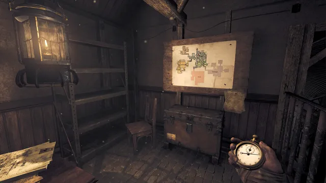 Amnesia: The Bunker screenshot: a lamp-lit office with a map of the bunker pinned to the wall and a pocket watch in hand