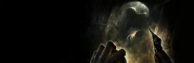 Amnesia: The Bunker art: a soldier's hands, one holding a revolver, as a pale clawed creature reaches out of a dark tunnel