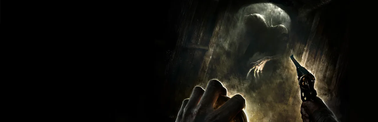 Amnesia: The Bunker art: a soldier's hands, one holding a revolver, as a pale clawed creature reaches out of a dark tunnel