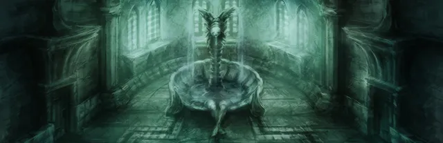 Amnesia: The Dark Descent art: a pale green stone hall in Brennenburg Castle with a carved fountain at its centre