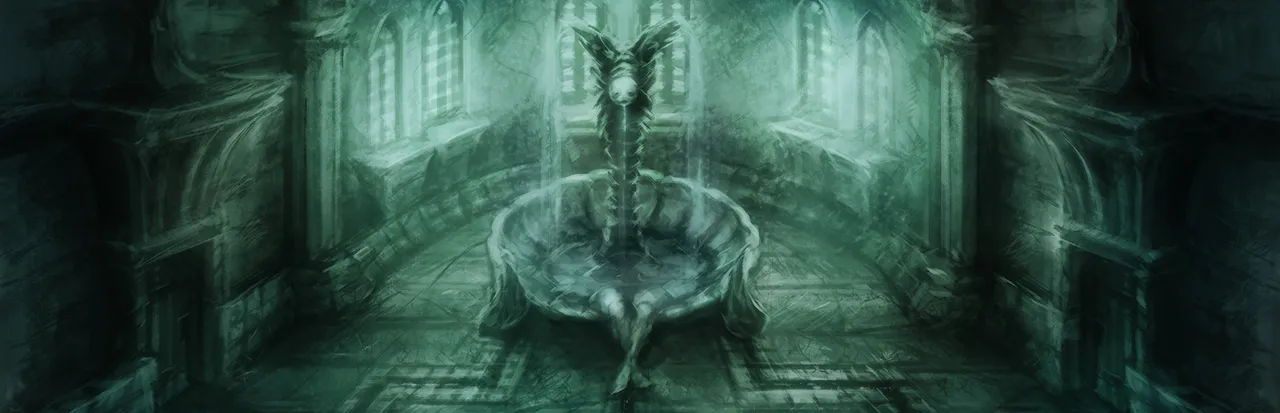 Amnesia: The Dark Descent art: a pale green stone hall in Brennenburg Castle with a carved fountain at its centre