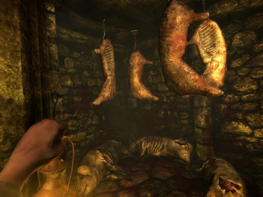 Amnesia: The Dark Descent screenshot: Daniel holds up his oil lantern in a stone cellar hung with butchered pig carcasses