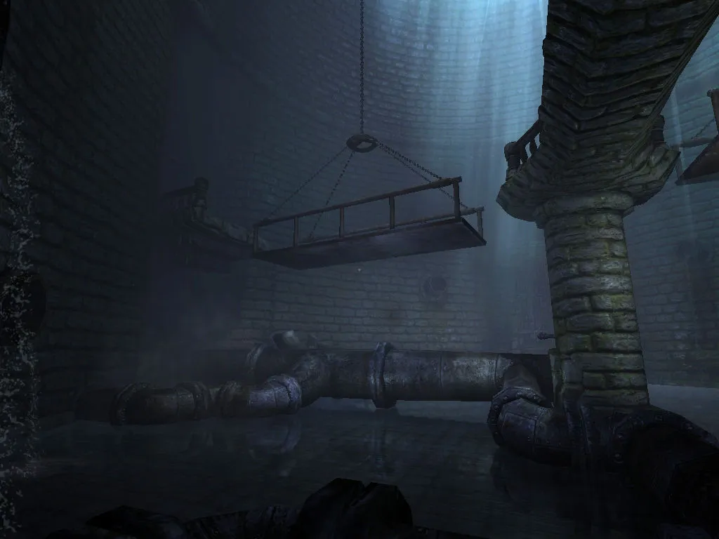 Amnesia: The Dark Descent screenshot: a flooded brick cistern with large pipes and a platform hanging from a chain