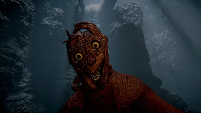 Among Ashes screenshot: a red-skinned creature with huge round eyes and sharp teeth looms in a dark cave
