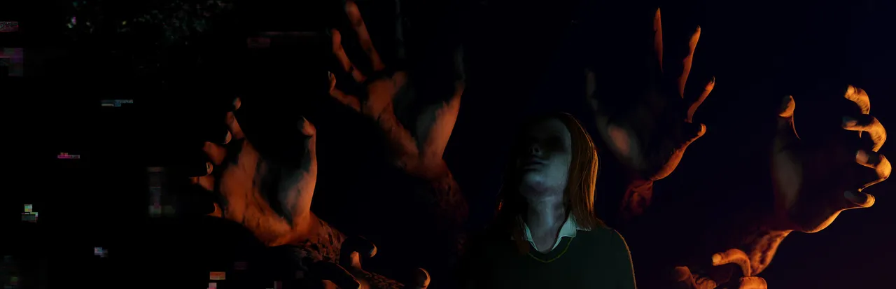 Among Ashes key art: a pale girl with closed eyes in a dark sweater surrounded by huge orange-lit hands reaching from the dark, with glitched pixels