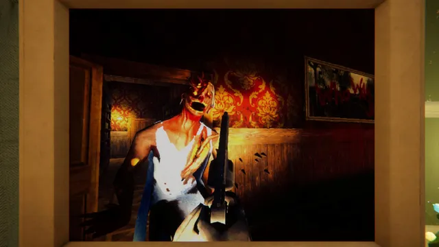 Among Ashes screenshot: inside the retro game Night Call, a pistol aimed at a screaming, burned figure in a red-papered manor room