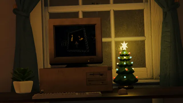Among Ashes screenshot: an old computer showing a dark painting on screen, beside a small lit Christmas tree and a plant by a snowy window