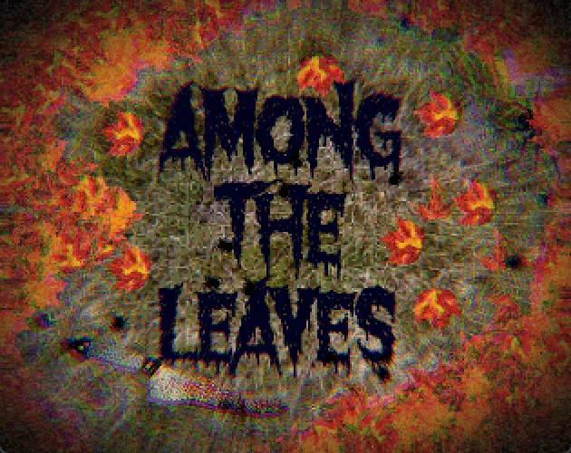 Among The Leaves title in dripping black letters over a ring of autumn leaves, with a knife at the edge
