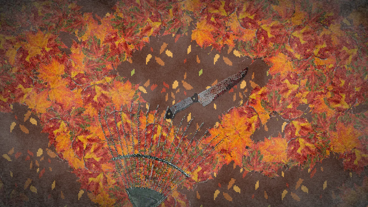 A rake among bright orange autumn leaves has uncovered a bloodstained kitchen knife on the bare ground