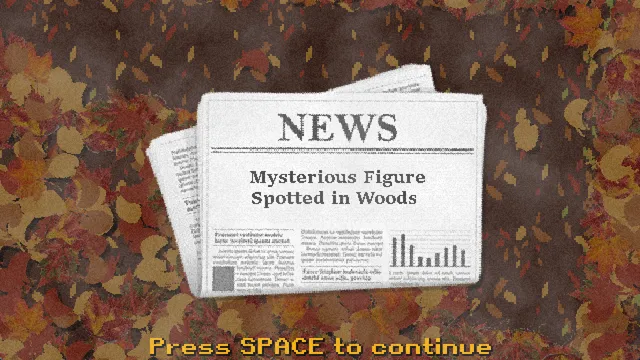 A newspaper on fallen leaves with the headline Mysterious Figure Spotted in Woods