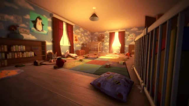 Among the Sleep screenshot: the toddler's nursery seen from inside the cot, with toys on the floor and light through red curtains