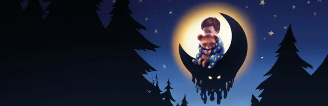 Among the Sleep key art: a toddler in starry pyjamas hugs a teddy bear on a crescent moon that drips into a shadow with glowing eyes