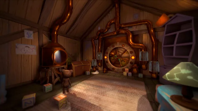 Among the Sleep screenshot: a wooden attic room with copper pipes around a round vault door and the teddy bear standing on the rug