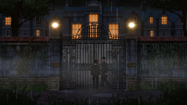 Two men at the iron gate of a large manor house at night in the rain