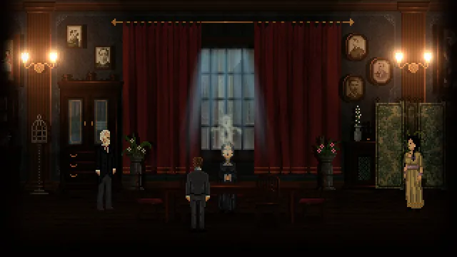 A candlelit Victorian parlour with red curtains and a faint ghostly shape by the window as the professor stands at a table