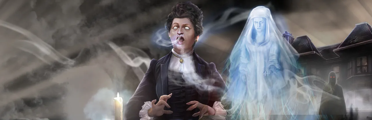 An English Haunting art: a medium exhaling smoke beside a pale glowing ghost in front of a dark manor