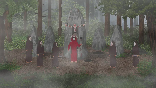 Pixel art scene of hooded figures in a misty forest gathered around a red-robed figure among standing stones