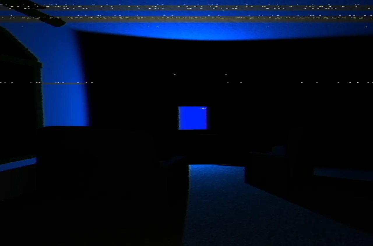 A dark living room lit only by a glowing blue television, scratched with white glitch lines