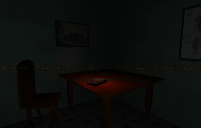 A dim tiled room with a red-lit table holding a cassette case, a wooden chair and a framed picture of a house
