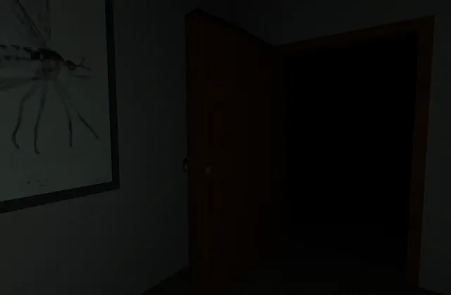 A door standing half open onto pitch darkness beside a framed drawing of an insect
