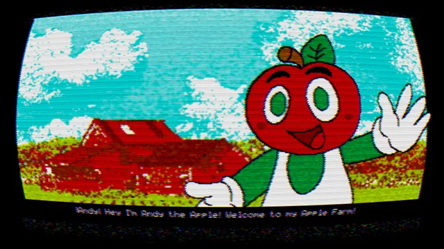 Andy's Apple Farm screenshot: Andy waves beside a farmhouse with the caption Hey I'm Andy the Apple! Welcome to my Apple Farm