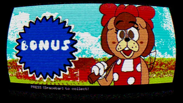 Andy's Apple Farm screenshot: a dog character with a red bow holds a bat next to a blue Bonus badge, with Press Spacebar to collect