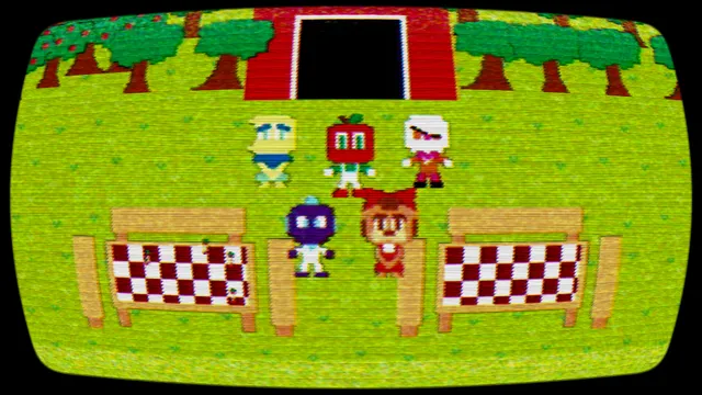 Andy's Apple Farm screenshot: pixel-art Andy and four friends stand on green grass in front of a red barn on a curved CRT screen