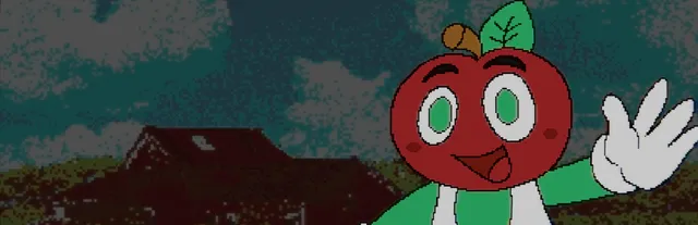Andy's Apple Farm art: Andy the Apple, a smiling apple with a leaf, waves in front of a red farmhouse on a grainy screen